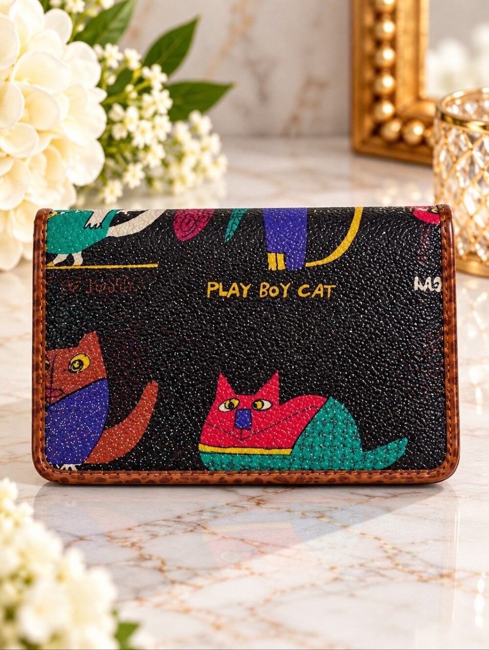 Black Multicolor Cat Print Bifold Unisex Wallet Brown Trim - 4.5 x 3-in Novelty